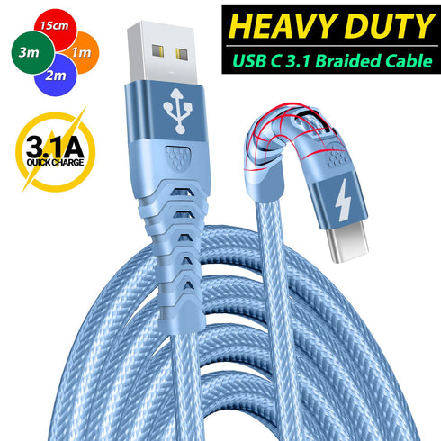 USB C Charger Cable Braided Fast Phone Charger Heavy-Duty Type C Charger Cable Long Lead 2m 3m - TradeNRG UK
